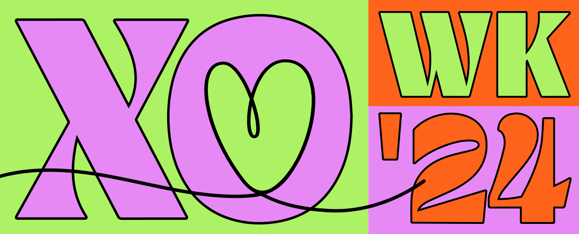 xo wk '24 in green red and purple stylized font