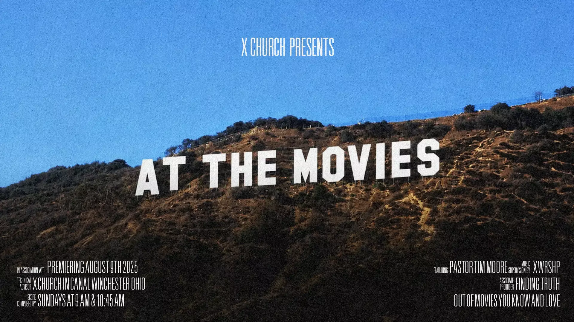 X church presents At The Movies, red background with text made of popcorn and popcorn flying out around edges