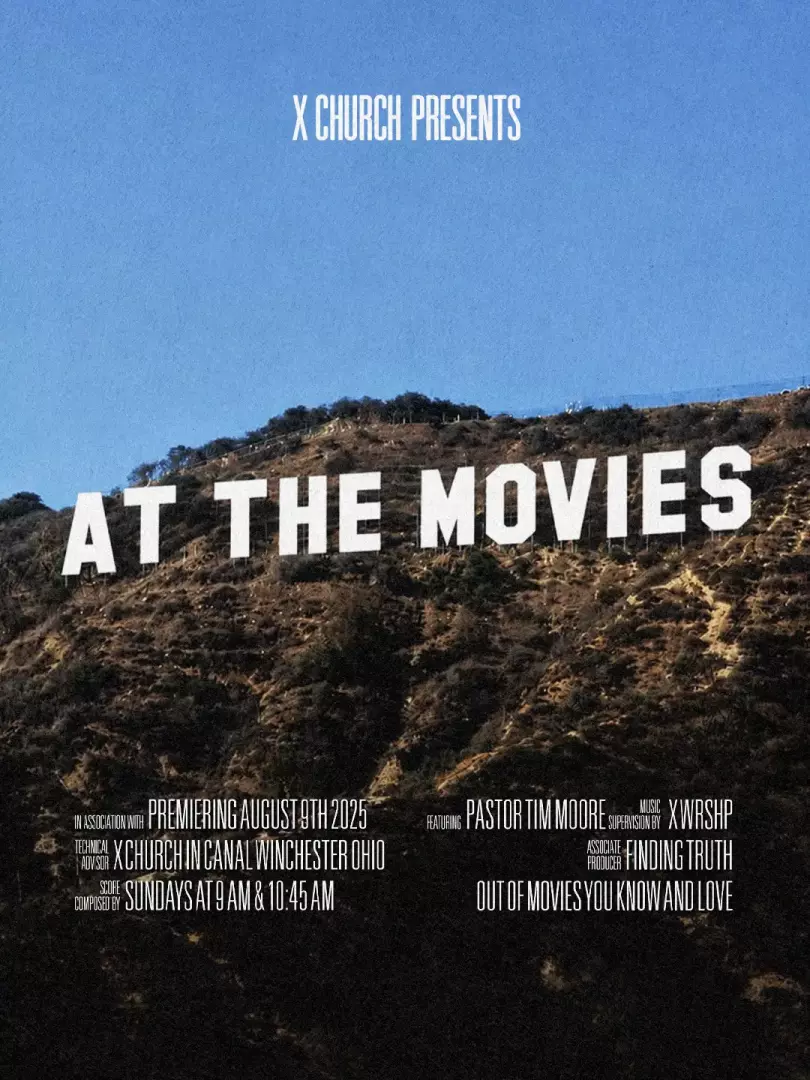 X church presents At The Movies, red background with text made of popcorn and popcorn flying out around edges