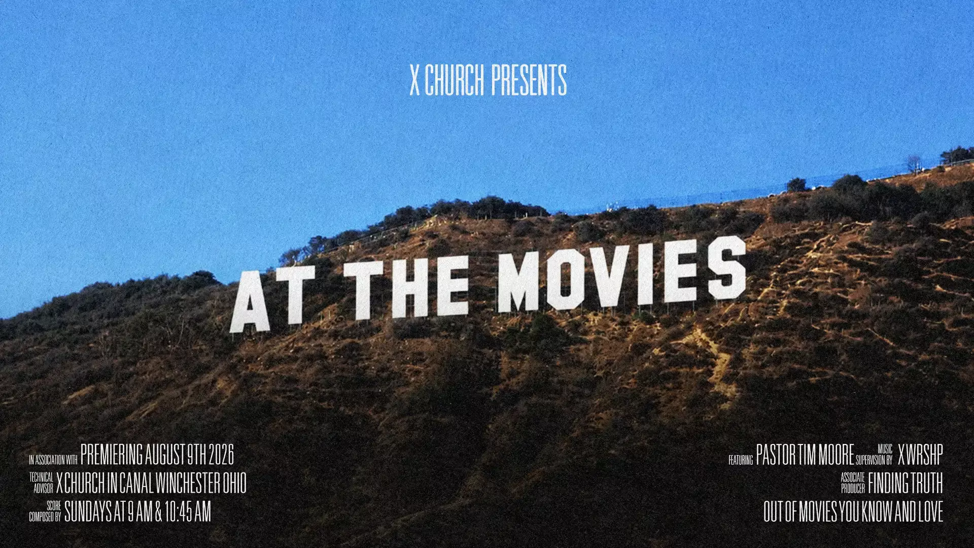 X church presents At The Movies, red background with text made of popcorn and popcorn flying out around edges