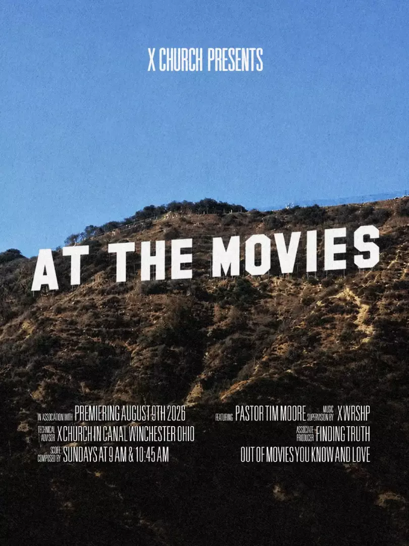 X church presents At The Movies, red background with text made of popcorn and popcorn flying out around edges